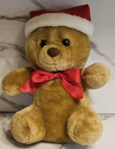 Vintage SASCO Christmas Teddy Bear Stuffed Animal with Red Hat & Bow - 10" Tall - Imagen 1 de 6