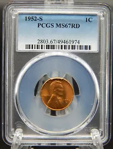 1952-S PCGS MS67 RD RED Lincoln Wheat Back CENT #BT-39 - Picture 1 of 4
