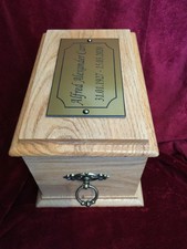 Beautiful Solid Oak Wood Cremation Ashes Urn Casket With End Rings & Plaque