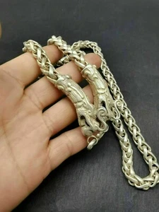Antiguo collar chino tibetano cadena tallada plata doble dragón colección - Imagen 1 de 9
