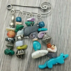 Native Fetish Pin Sterling Silver Multi Stone Dangle Brooch Turquoise Coral - Picture 1 of 3