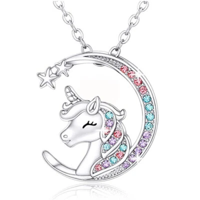 925 Argento Placcato Sposa Cuore Unicorno Corona Lucente Collana Ciondoli - Immagine 1 di 2