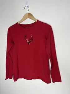 Liz Claiborne Size S Top Red Christmas Holiday Tee Sequin Reindeer Long Sleeve - Picture 1 of 5