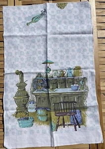 Vintage Linen Tea Towel Country Kitchen Graphics Aqua, Gold, Green Retro 1970’s - Picture 1 of 7