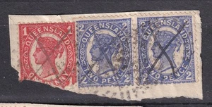 QUEENSLAND, c1900 piece, 1d.(damaged) 2d. (2) mss. X cancels, Receiving Office. - Picture 1 of 1