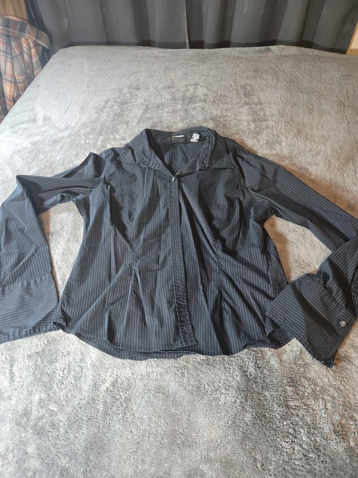 Blusa Top New York And Company Para Mujer Negra Rayas con Botones Talla XL Foto 1 de 4