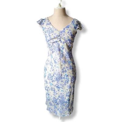 90s Y2K Blue Ditsy Floral Babydoll Midi Dress 7 8 Fairy Coquette Phoebe Friends - Image 1 of 4