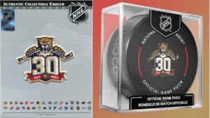 2023 2024 NHL FLORIDA PANTHERS CUBED GAME PUCK & JERSEY PATCH 30TH ANNIVERSARY - Picture 1 of 3