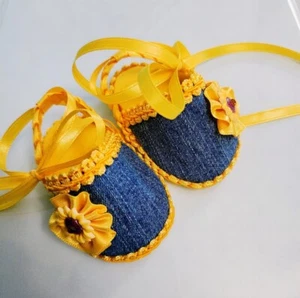 Newborn Baby Shoes Demin Fabric and Yellow Sunflower Handmade - Picture 1 of 11