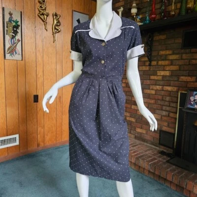 Vtg 80s do 40s Rockabilly Wing Cuff Pencil Skirt Polka Dot Shirtwaist Dress M/L - Image 1 of 4