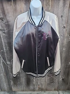 Black & Champagne Embroidered Koi Girls Satin Souvenir Jacket Plus Size Y2k - Picture 1 of 8