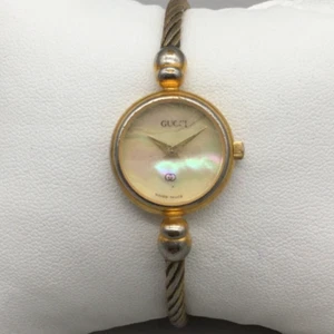 Gucci Watch Women 20mm Gold Tone MOP Swiss Made Cable Open Bangle New Battery - Picture 1 of 16