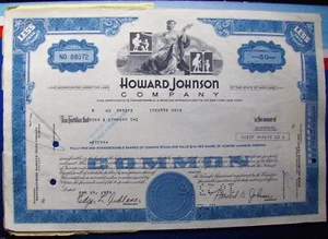 Stock certificate Howard Johnson Company Payee Dorn & Co, 4 Transfer Tax stamps - Picture 1 of 5