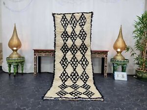 Moroccan Handmade Vintage Rug 2'6''x6'5'' Berber Geometric Black Tribal Carpet