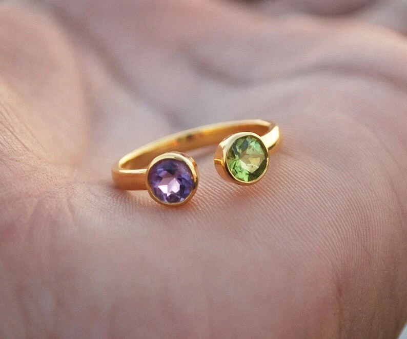 Natürlich Amethyst Und Peridot Zwei Steine Offen Ring 925 Silber Gelb Vergoldet - Bild 1 von 4
