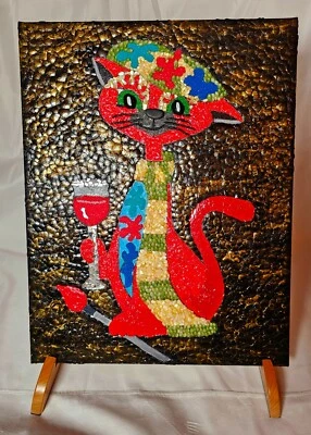 Unique Mixed Media Cat Artist Original Texture Acrylic Painting with Shell Pearl - Image 1 of 4
