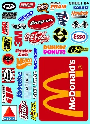 CLEAR VINYL Sticker Sheet 84 Sponsor Decal 1/24-1/16 Scale DIE CUT -PEEL & STICK - Image 1 of 4