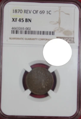 1870 REV OF 69 INDIAN CENT NGC XF45 BN - Image 1 of 4
