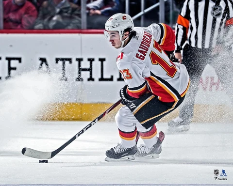 Johnny Gaudreau Calgary Flames Unsigned White Jersey Skating 16" x 20" Photo Cover
