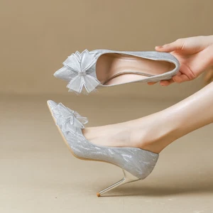 French Rhinestone Women Bling Bling Pointed Toe Bowknot Pumps High Stiletto Heel - Picture 1 of 32