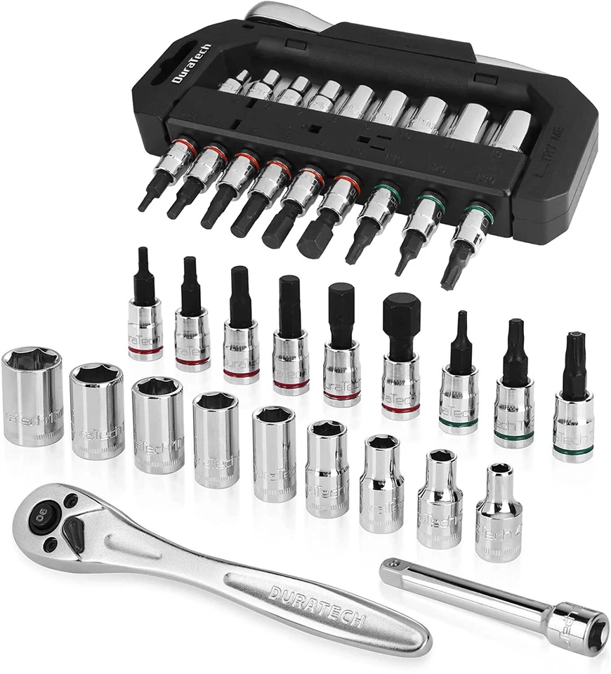 DURATECH 1/4" Dr Socket Set 20PC Metric Bit Sockets Ratchet Wrench Extension Bar