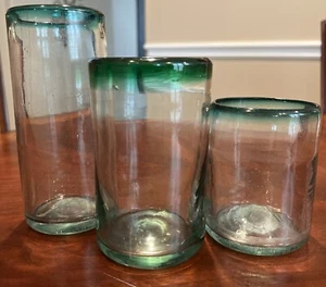 Mexikanische mundgeblasene Seifenblasengläser grüner Rand Becher 3er Set verschiedene Größen - Bild 1 von 10