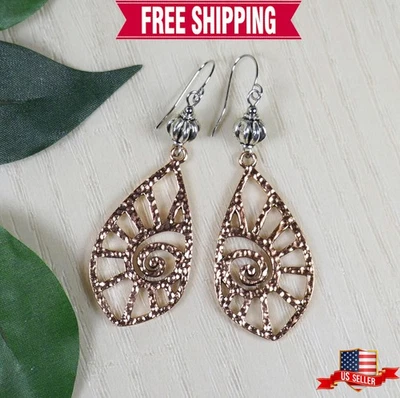 Brincos boho de metal misto de lágrima redemoinho de cobre, fios de platina hipoalergênicos - Imagem 1 de 4