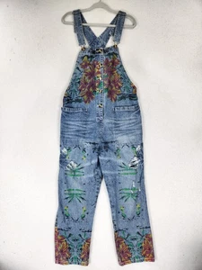 Monthorigin Overalls Womens Large Blue Floral Print Bibs Denim Distressed Casual - Picture 1 of 14