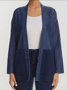 Chaqueta abierta kimono de mezclilla EILEEN FISHER para mujer M azul cambray bloques de colores con bolsillos - Imagen 1 de 14
