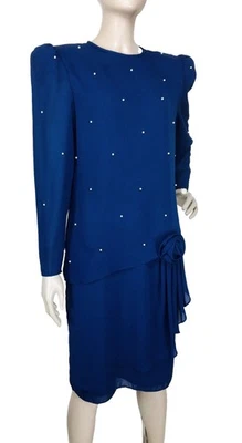 复古 80 年代蓝色雪纺珍珠装饰袖口派对连衣裙 8 码全新 — 第 1/4 张图片