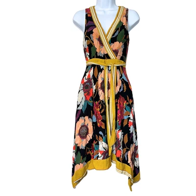 Anthropologie Maeve Botanica Faux Wrap Dress Size 0P Bold Floral Boho Hanky Hem - Image 1 of 4