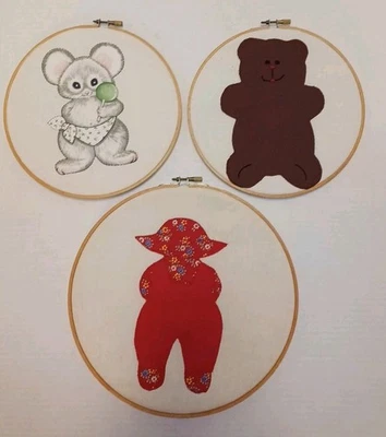 Vintage Coats and Clark Embroidery Rings Lot of 3 Wall Hangings Bear Mouse Child - Image 1 of 4