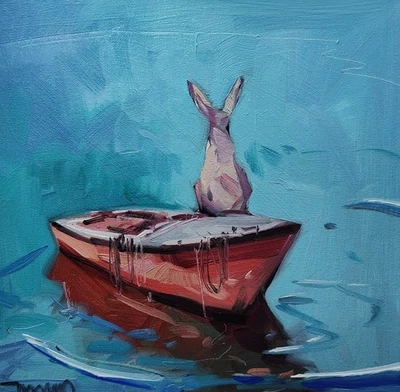 Impresión de Bellas Artes José Trujillo 16x16" Coleccionable Artista Conejo Barco Mar Foto 1 de 4