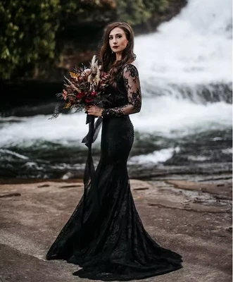 Black Gothic Wedding Dresses Long Sleeves V-Neck Lace Mermaid Bridal Gowns - Image 1 of 4