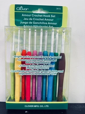 Clover Amour Crochet Hook Set 10-pc 3672 Soft Grip Assorted Sizes – New