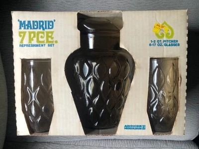 Винтажный MCM Anchor Hocking Madrid копченый коричневый 7 шт. набор кувшин 6 стаканов новый из старых запасов - Изображение 1 из 4