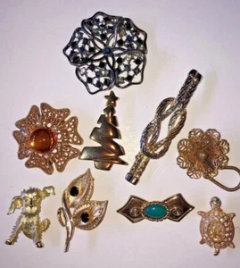 Lot W 10 Brooch Pins Flower Christmas Tree Bow Turtle Scottie Dog Knot Leaves - Picture 1 of 11