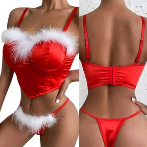 Women Sexy Mrs Santa Claus Costume Christmas Lingerie Set Bra and Thong Outfits - Picture 1 of 17