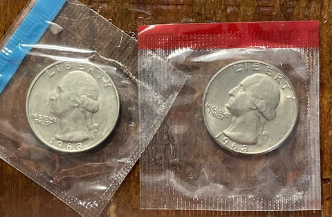 1968 P & D Washington Quarters from Mint Set In Mint Cello With Free Shipping Cover