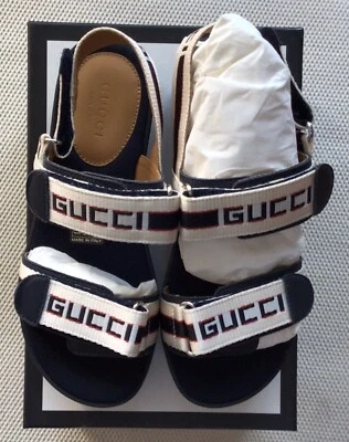 正品古驰标志儿童凉鞋意大利制造蓝色和象牙色 32 码 — 第 1/4 张图片