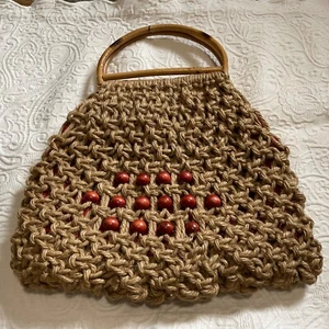Macrame Purse Shopping reuse bag Woven Jute with wood beads boho retro vibe - Picture 1 of 6