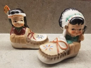 Vintage Native American Indian Boy & Girl In Moccasins Salt Pepper Set JAPAN - Picture 1 of 8