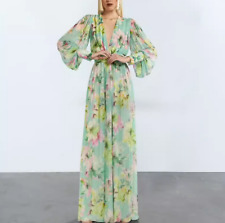 French Floral Jumpsuit Green Printed Wide Leg High Waisted Long Pants Women SZ
