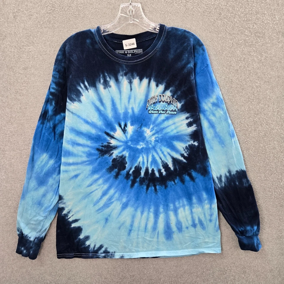 Pink + Dolphin Men Shirt Medium Blue Tie Dye Logo Waves Over Flames Surf Tee - Image 1 of 4