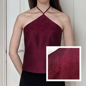 Size 6 /XS Petite Next Red Halterneck Top - embroidered beaded occasion party - Picture 1 of 12