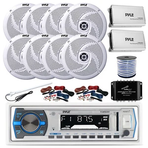 Pyle Marine Bluetooth Receiver, 2x Amp w/2x Kit, 8x 8'' Speakers w/Accessories - Picture 1 of 8