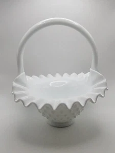 Fenton White Hobnail Pattern Basket Crimped Edge 7"W x 7"H - Picture 1 of 6