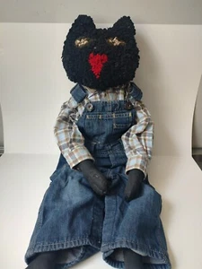 Primitive Style Folk Art hooked black cat doll large oil cloth rag doll 28" - Picture 1 of 3