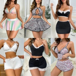 Sexy-Lingerie Women Cami Pajama Set Sleepwear Lace Trim Short PJ Set with Shorts - Picture 1 of 50