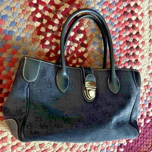Dooney and Bourke Bag Canvas Black Leather Shoulder Handbag Double Handles - Picture 1 of 13